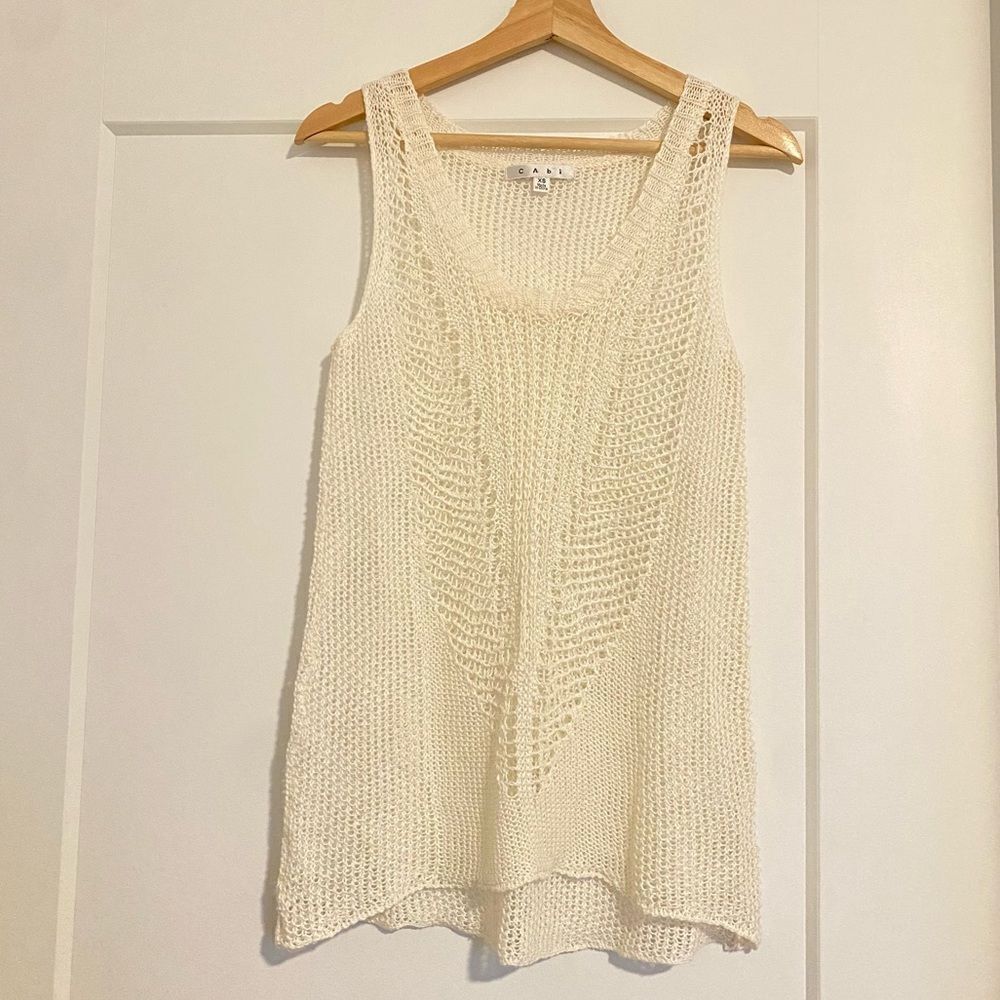 Cabi White Linen Boho Chic Loose Knitted Festival Casual Tank Top Blouse Shirt